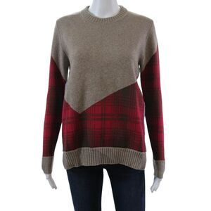 Thakoon Addition Womens Crew Neck Plaid Striped Trim Sweater Brown Red Size XS
